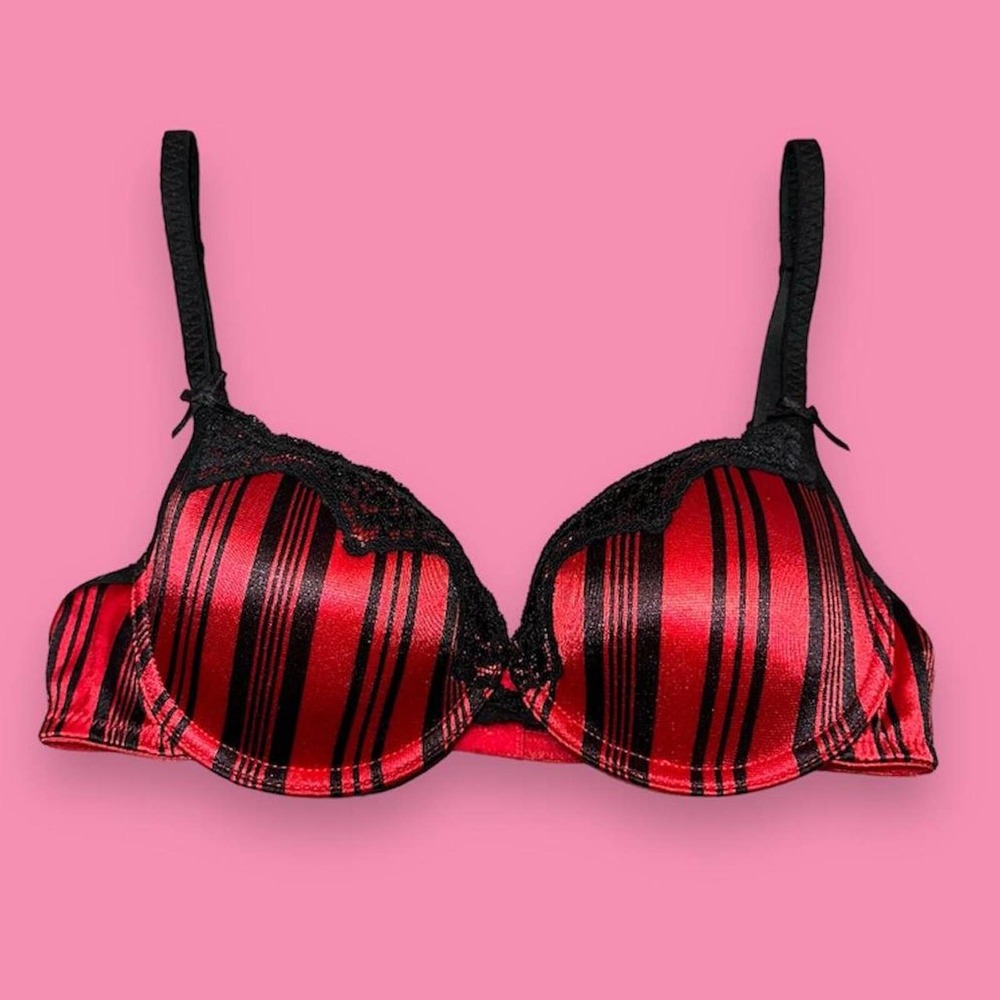 Candie’s Sexy Black and Red Pinstripe Lace Romantic Underwire Bra Size 32B